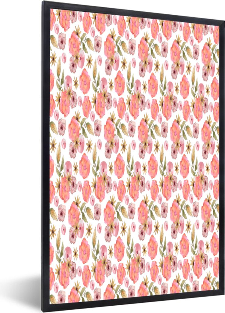 MuchoWow MuchoWow Gerahmtes Poster Blumen - Rosa - Muster - Aquarell 40x60 cm - Poster mit zchwarzem Bilderrahmen - Papierdruck - Wandbilder