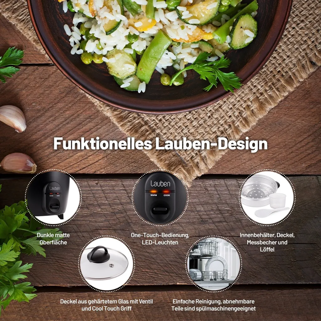 Cuiseur de riz Lauben 600BC - Robot de cuisson compact premium noir