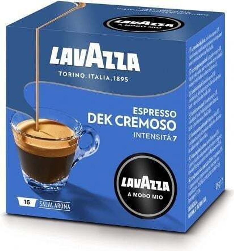 A box of Lavazza Dek Cremoso espresso coffee pods.
