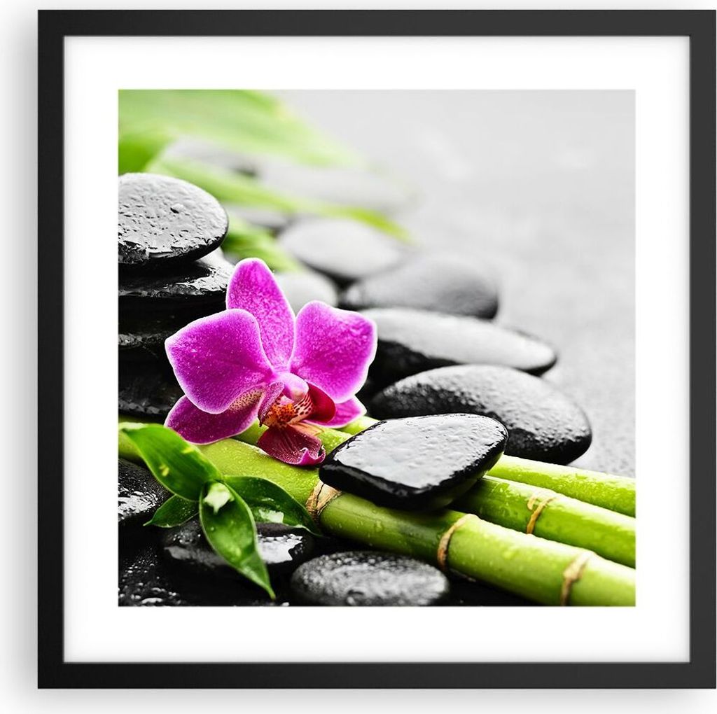 Gerahmtes Poster - Schwarzer Rahmen - Pflanze Steine Bambus Spa - 40x40 cm - Wand Bild - Wanddeko - Wandbilder - Wandposter - Bilderrahmen - Bilder...
