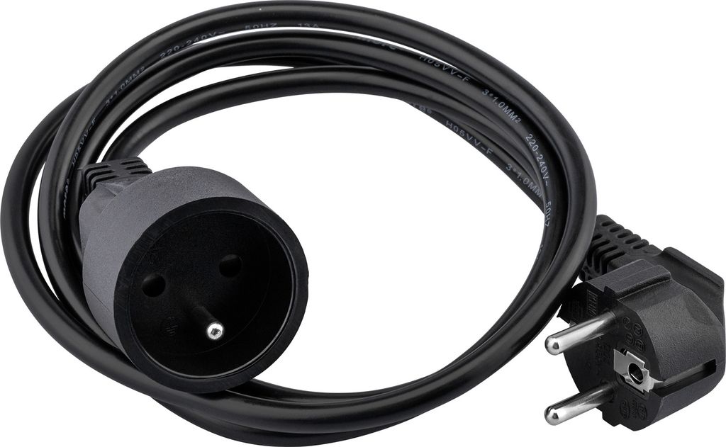 A black power extension cord with a European plug and socket.