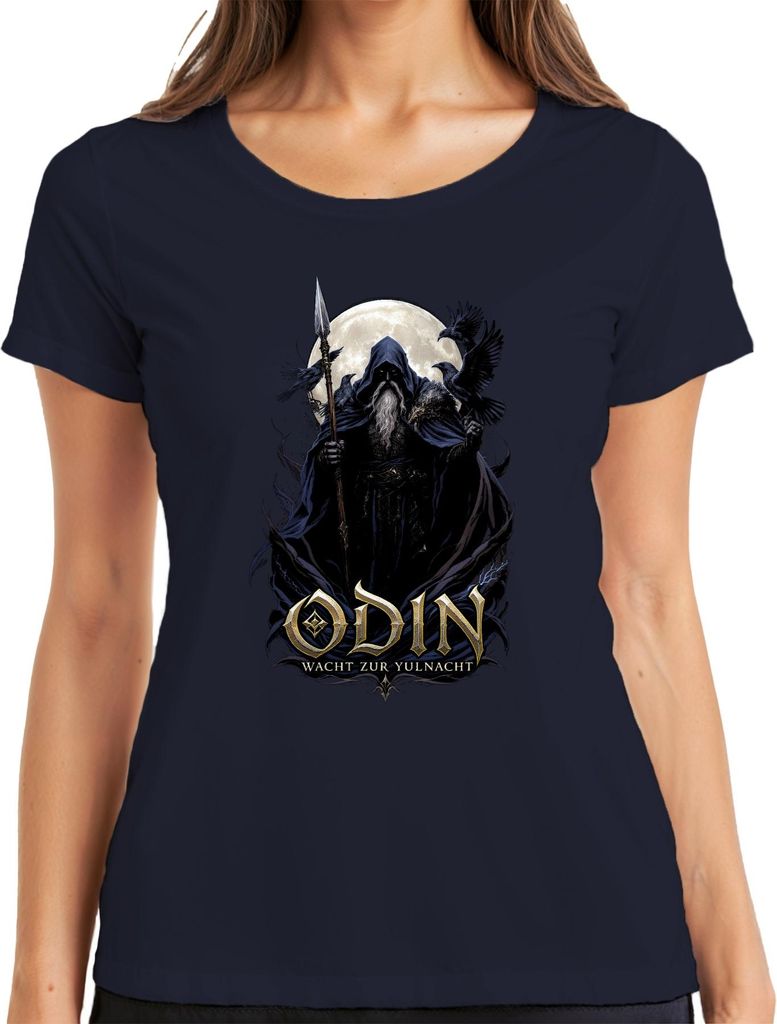 ODIN WACHT ZUR YULNACHT Wikinger Weihnachten Raben Vollmond Nordisch Damen T-Shirt, Navy, M