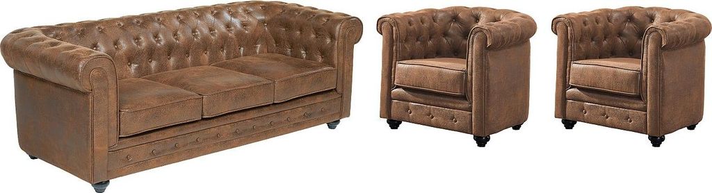 CHESTERFIELD 3-Sitzer-Sofa und 2 Sessel aus Mikrofaser mit gealterter Lederoptik