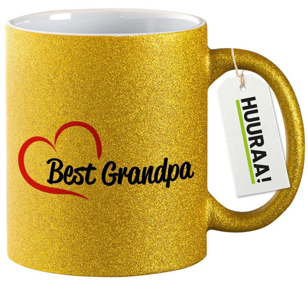 Huuraa Glitzertasse Best Grandpa Heart 330ml Gold Keramik Kaffeebecher Geschenkidee