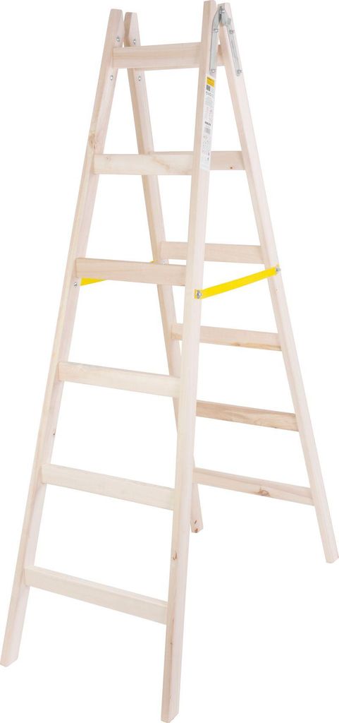 A wooden A-frame ladder against a white background.