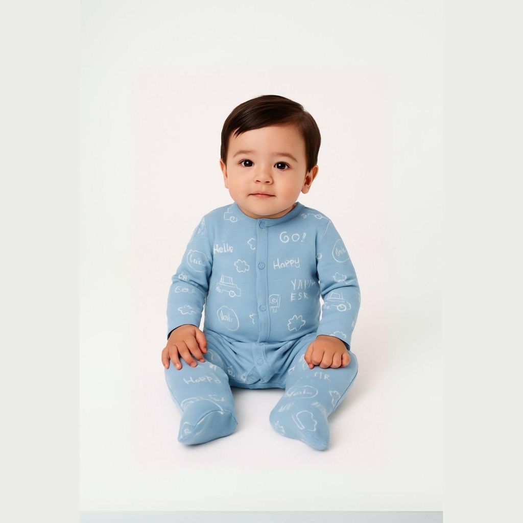 Minoti Jungen Strampler 2er Pack 100% Baumwolle blau mit Fahrzeug-Motiv - Baby Schlafanzug langarm mit Druckknöpfen