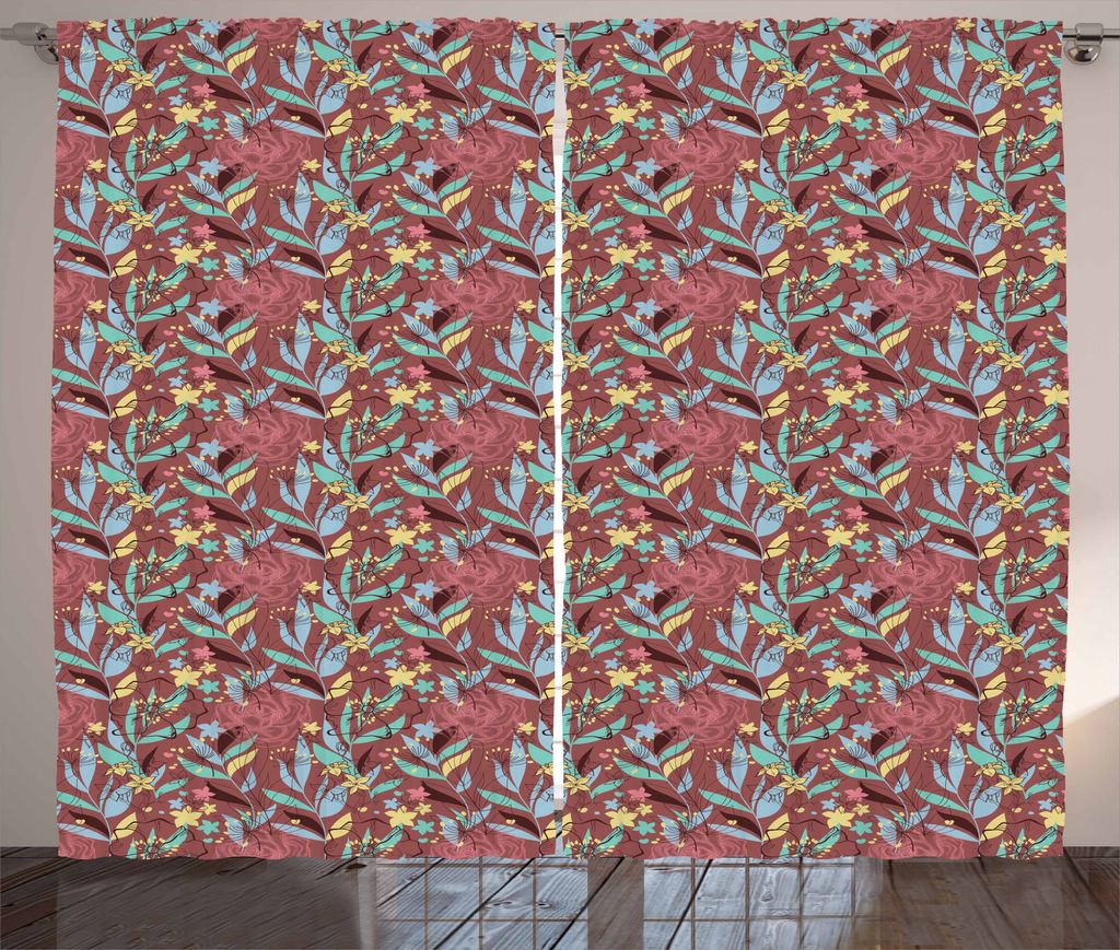 ABAKUHAUS Blumen Rustikaler Gardine, Bunte Pflanzen Laub, Schlafzimmer Kräuselband Vorhang mit Schlaufen und Haken, 280 x 175 cm, Mehrfarbig