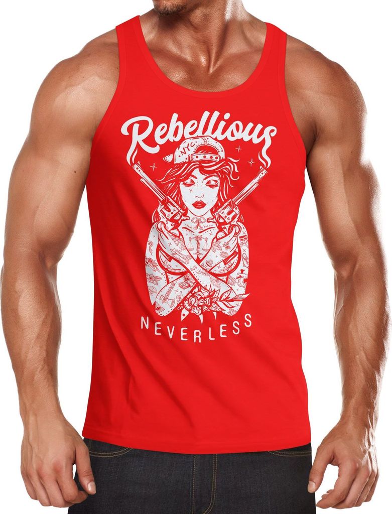 Herren Tank-Top Rebellious Girl with Guns Gangster Muskelshirt Muscle Shirt Neverless rot L