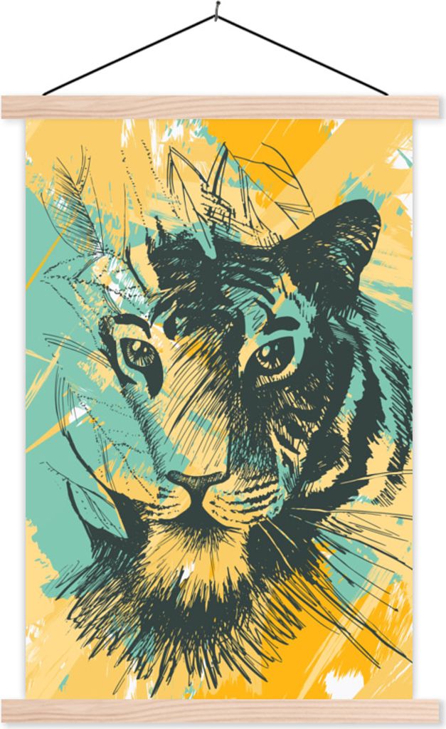 MuchoWow Textilposter Tiger - Abstrakt - Kopf 60x90 cm mit holzfarbenen Rahmen - Textil