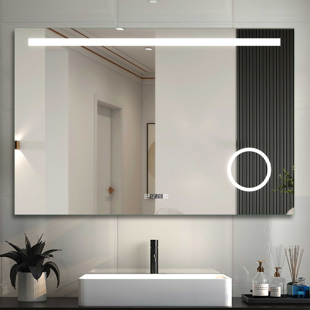 led badspiegel 120×80cm wandspiegel mit uhr, touch, beschlagfrei,3-fach  vergrößerung schminkspiegel ip44 kaltweiß energiesparend