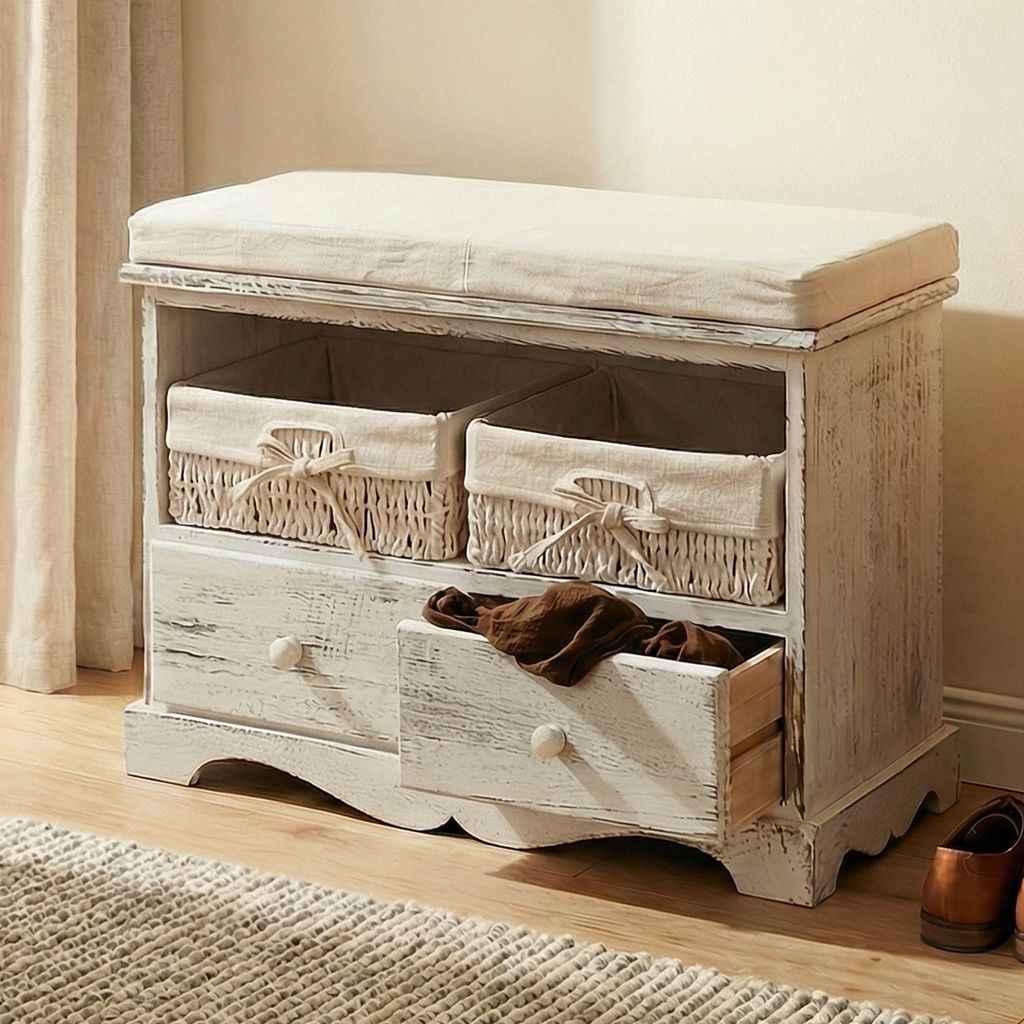 Sitzbank Kommode mit 2 Körben 42x62x33cm, Shabby-Look, Vintage weiß