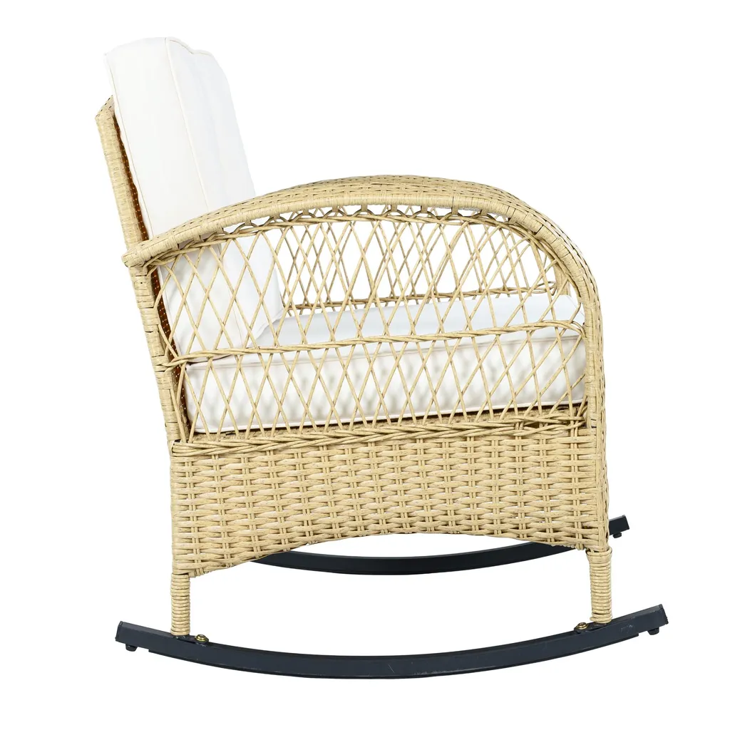 Fauteuil à bascule de balcon en rotin et table basse, coussins beiges - 15
