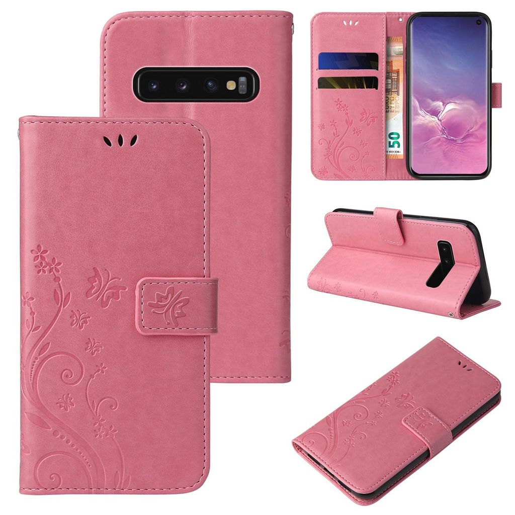 Collage of product images showing a rose gold flip phone case from different angles and in use.