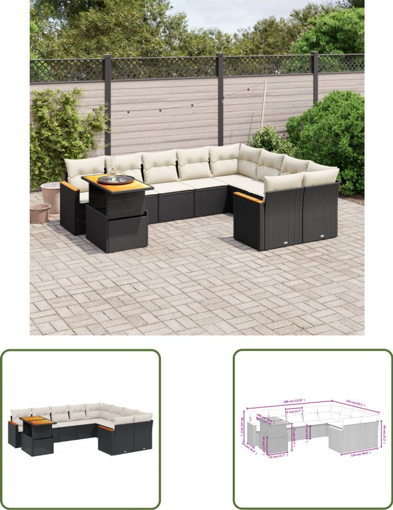 The Living Store 10-tlg. Garten-Sofagarnitur mit Kissen Schwarz Poly Rattan