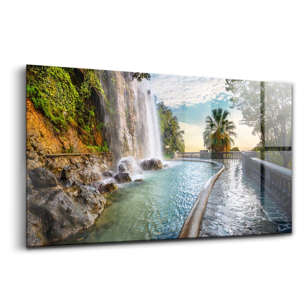 Glasmalerei - dekorative Malerei - moderne Malerei - 140x70 - Wasserfall im Park de la Colline du Chateau