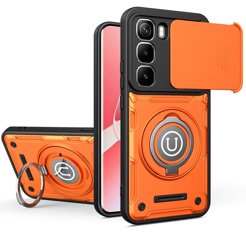 Magnetische Handyhülle für Infinix Hot 50 Pro+ 4G mit Kameraschutz Schieber, Ringhalter und Ständer, Stoßfeste Hülle Orange