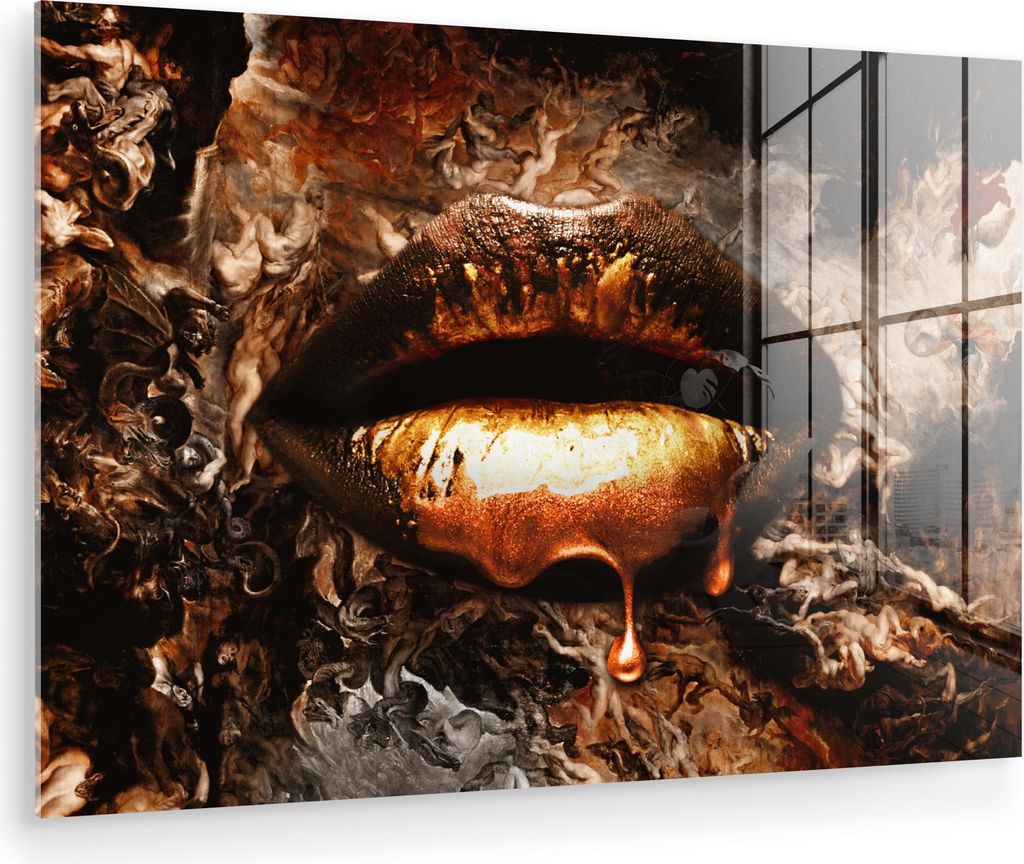 MuchoWow Glasbilder - Bilder auf Wandbild - Foto auf Glas Gold - Lippen - Kunst - Gold - Luxus - Abstrakt 90x60 cm Wanddekoration aus Glas - Acrylg...