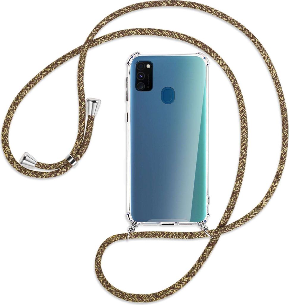Handykette Backcover-Schutzhülle mit Band (Metall silberfarben) für Samsung Galaxy M30s - braun+beige