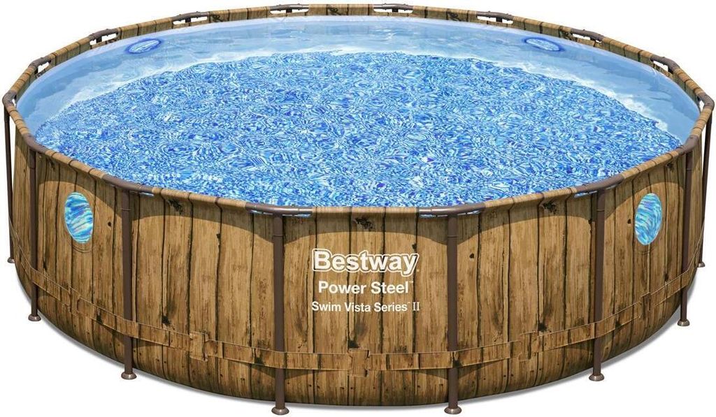 A round above-ground swimming pool with a wood-like exterior.