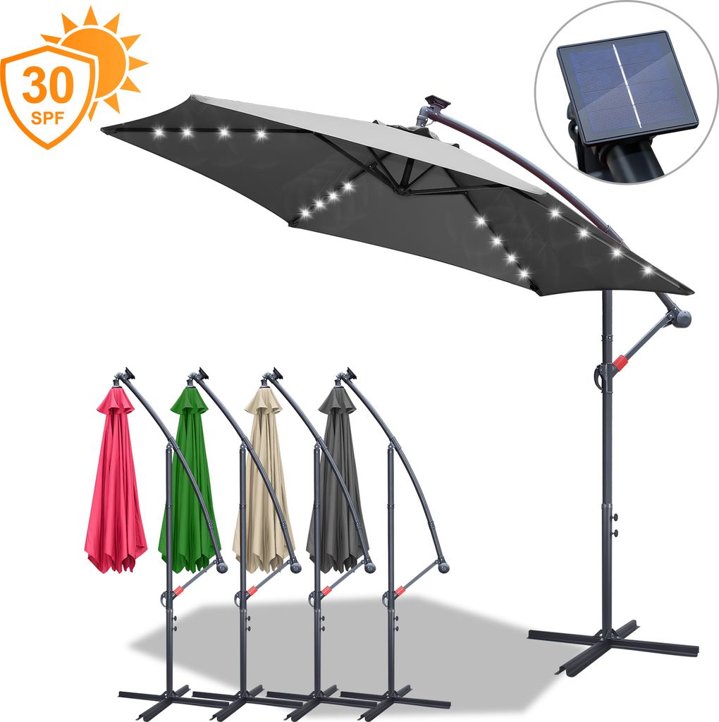 Yakimz Sonnenschirm mit LED Beleuchtung Ampelschirm 350 cm Garten Schirm Pavillon - Grau