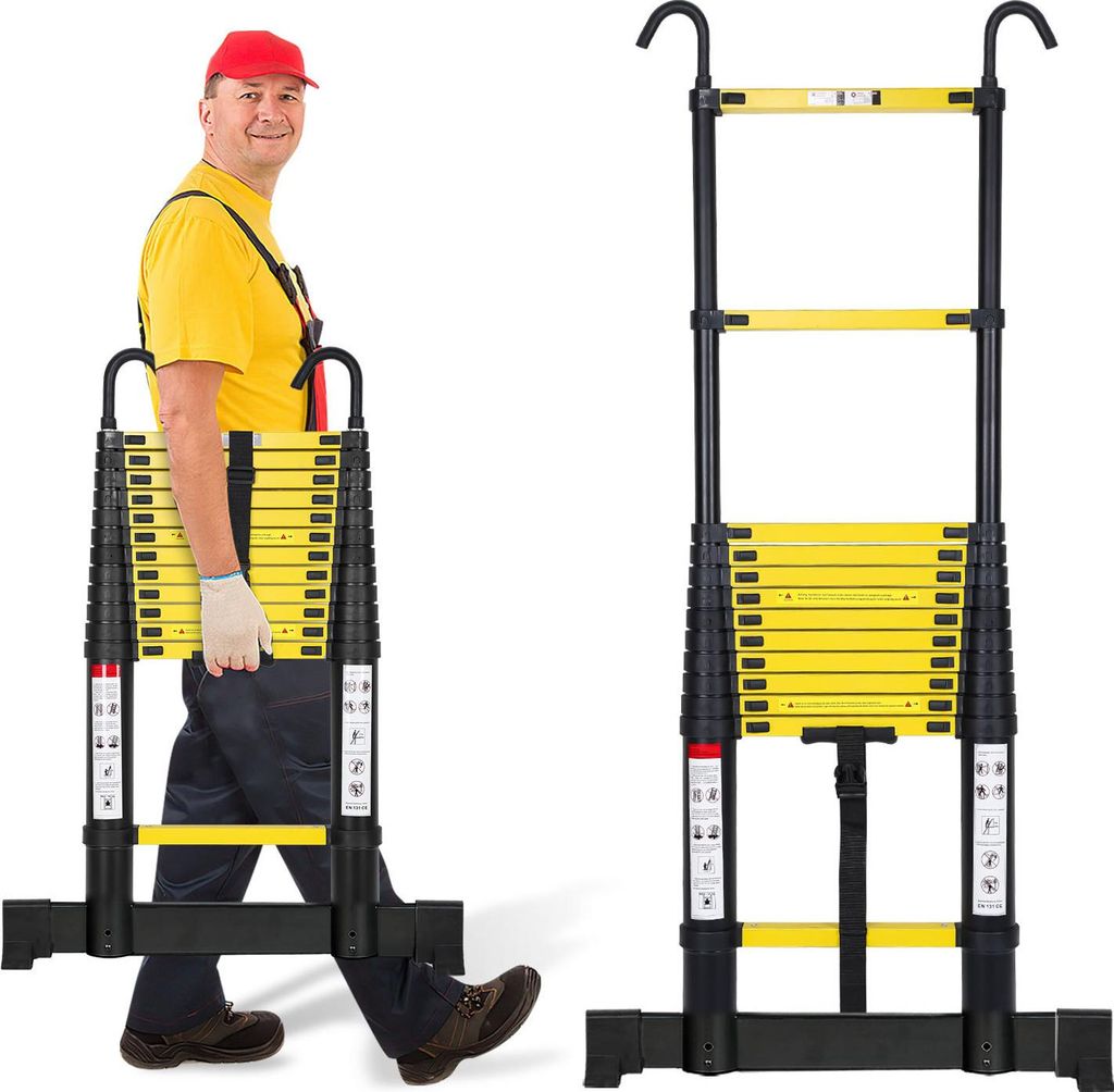 Izrielar Profi Teleskopleiter 3,8M schwarz Aluminium 150kg Tragkraft Mehrzweckleiter rutschfeste Gummifüße mit Stabilisator und Abnehmbaren Haken