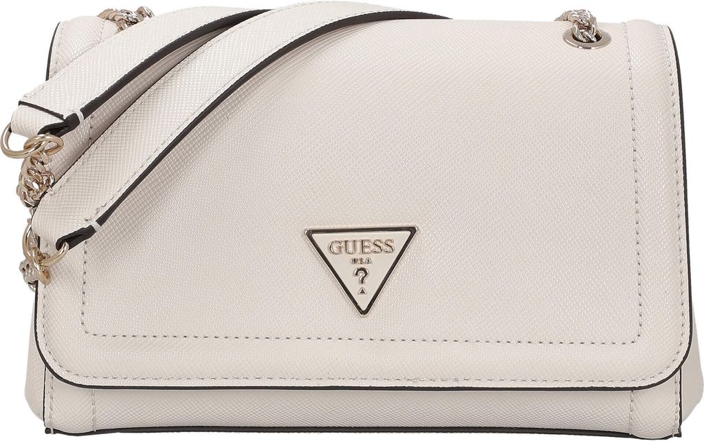 A white Guess crossbody handbag is shown against a white background.
