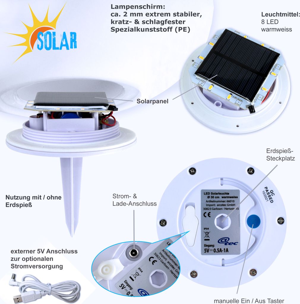 LED Kugelleuchte Solarkugel 30 cm Gartenlampe warmweiss Produktbild 7