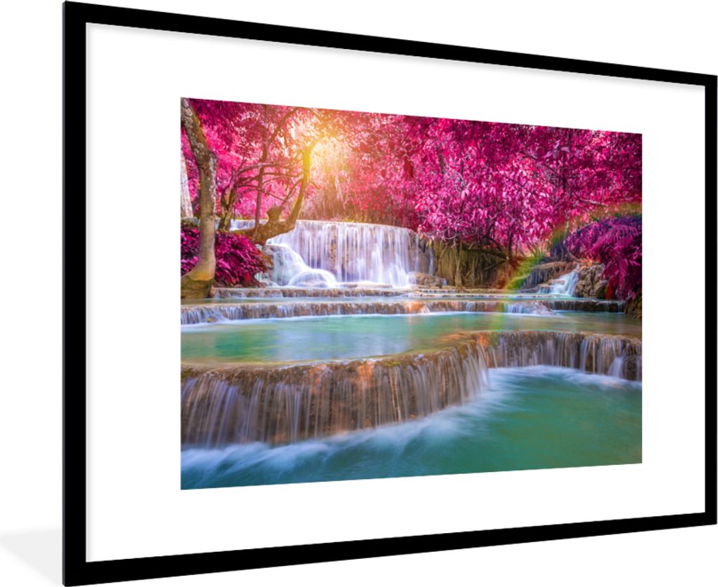 MuchoWow Gerahmtes Poster Wasserfall - Regenbogen - Bäume - Rosa - Natur 90x60 cm - Poster mit Schwarzem Bilderrahmen Wandposter Rahmen Foto Bil...