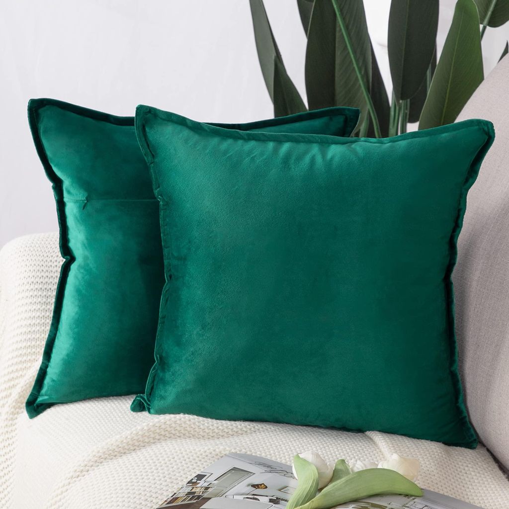 Set mit 2 dekorativen Samtkissenbezügen, Kissenbezüge für Sofa und Schlafzimmer, dunkelgrün, quadratisch, 65 x 65 cm