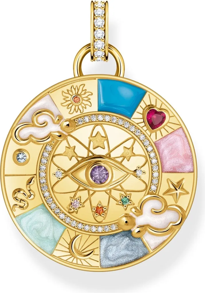 Pendentif cosmique doré gravé Roue de la Fortune, diamètre 25mm
