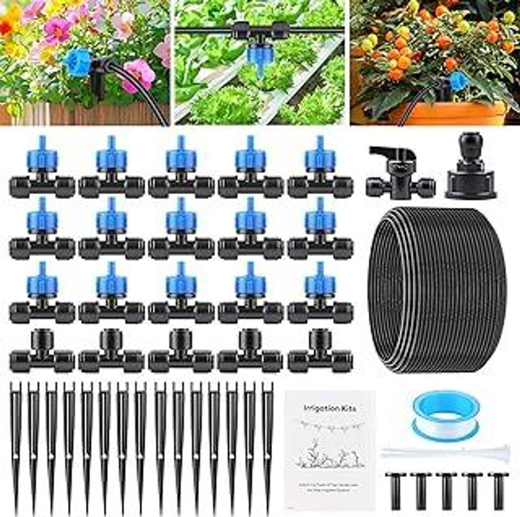 60PCS Garten BewässerungsSystem, Tropfbewässerung Kit, Wassersparende Bewässerung Kit mit 60 Stücke Zubehörteile (mit 15 Tropfspitze u. 20m Sc...