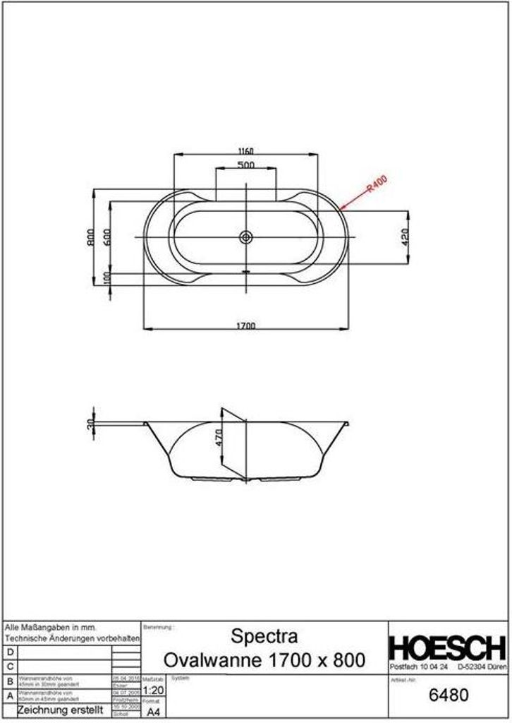 Hoesch Spectra Ovalbadewanne 1700 x 800 mm weiß - 6480.010