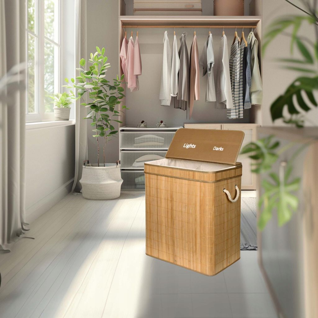 SEPIO Wäschekorb aus Bambus Gefertigt 105 L, Wäschesammler, Wäschekorb Faltbar, Laundry Basket, Wäschetonne mit Deckel 63x40x30cm