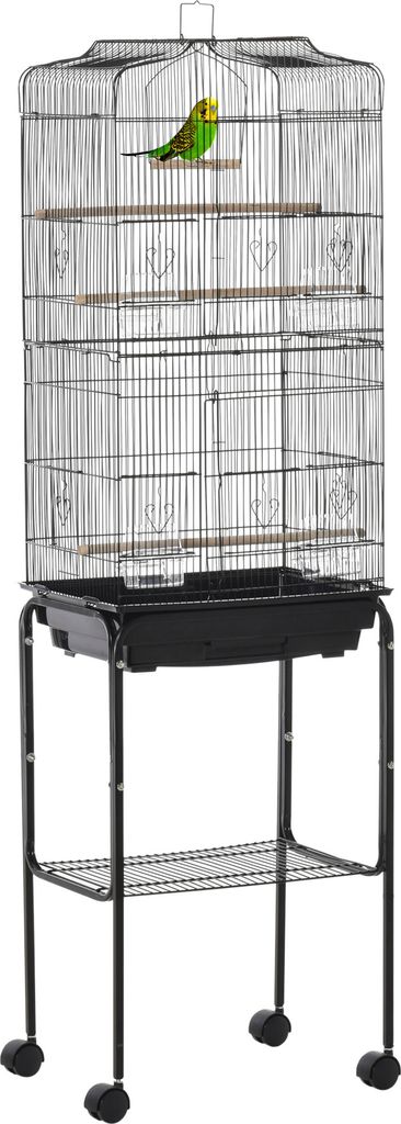 PawHut Vogelkäfig mit Rädern, 46,5 x 36 x 157 cm, Metall-Vogelkäfig mit Türen, 4 Futterspender, 3 Sitzstangen, abnehmbares Tablett und Ablagefa...