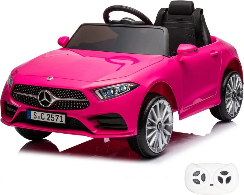 A pink toy Mercedes CLS350 electric car with a remote control.