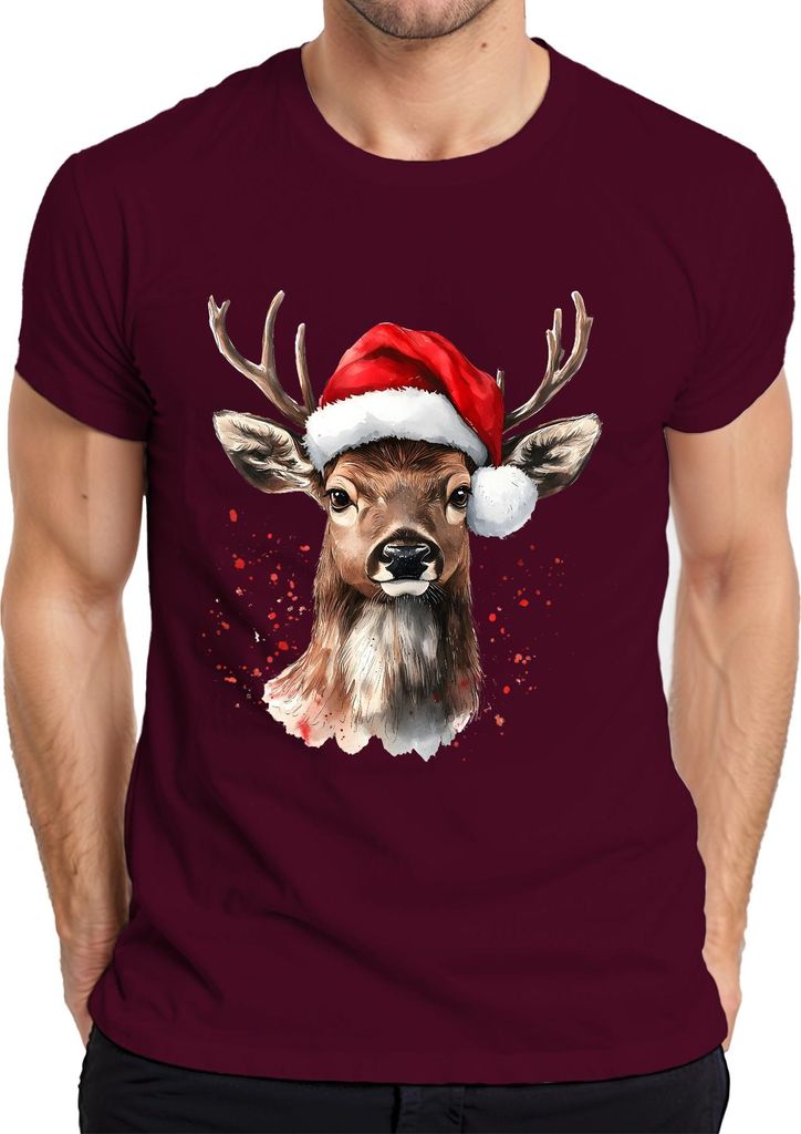 Rentier Santa Hut Weihnachten Aquarell Splatter Geschenk Retro Herren T-Shirt, Burgundy, M