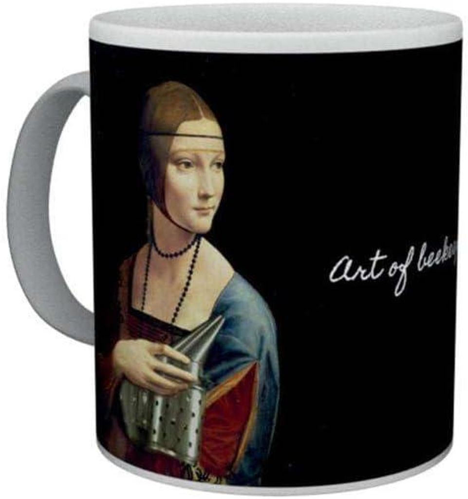 IMKERSHOP Tasse Dame mit der Biene | Leonardo da Vinci Kunst-Parodie | Geschenk für Imker & Kunstfans | Keramik-Kaffeebecher 330 ml | Witzige Gesc...