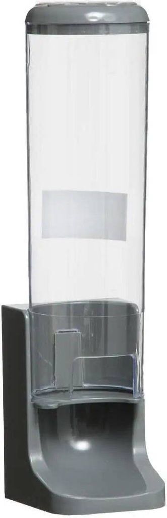 A clear studio shot of a clear and gray cotton pad dispenser.
