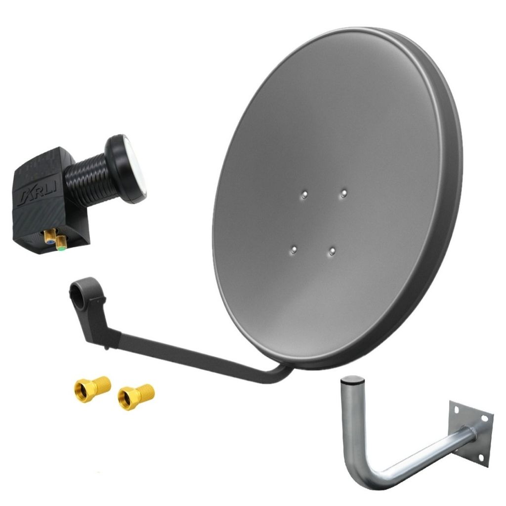 A satellite dish and its components are displayed against a white background.