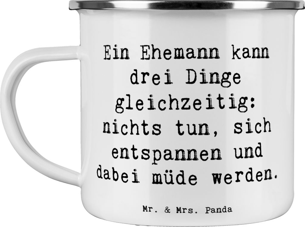 Mr. & Mrs. Panda Emaille Tasse Spruch Ehemann Fähigkeiten - Weiß - Geschenk, Multitasking, Motivtasse, besondere Anlässe, Müdigkeit, persönlic...