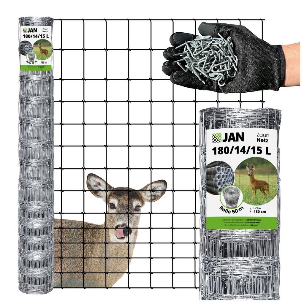A deer is looking through a wire fence, with rolls of fencing and a hand holding fasteners in the background.