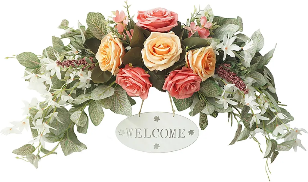 Couronne de fleurs durable pour porte d'entrée roses orange sans soin