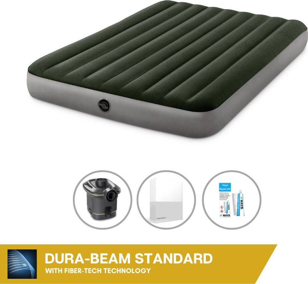 Intex Luftbett - 2 Personen - 152 x 203 x 25 cm - Grün - Mit Pumpe + Spannbettlaken Weiß + Reperaturset