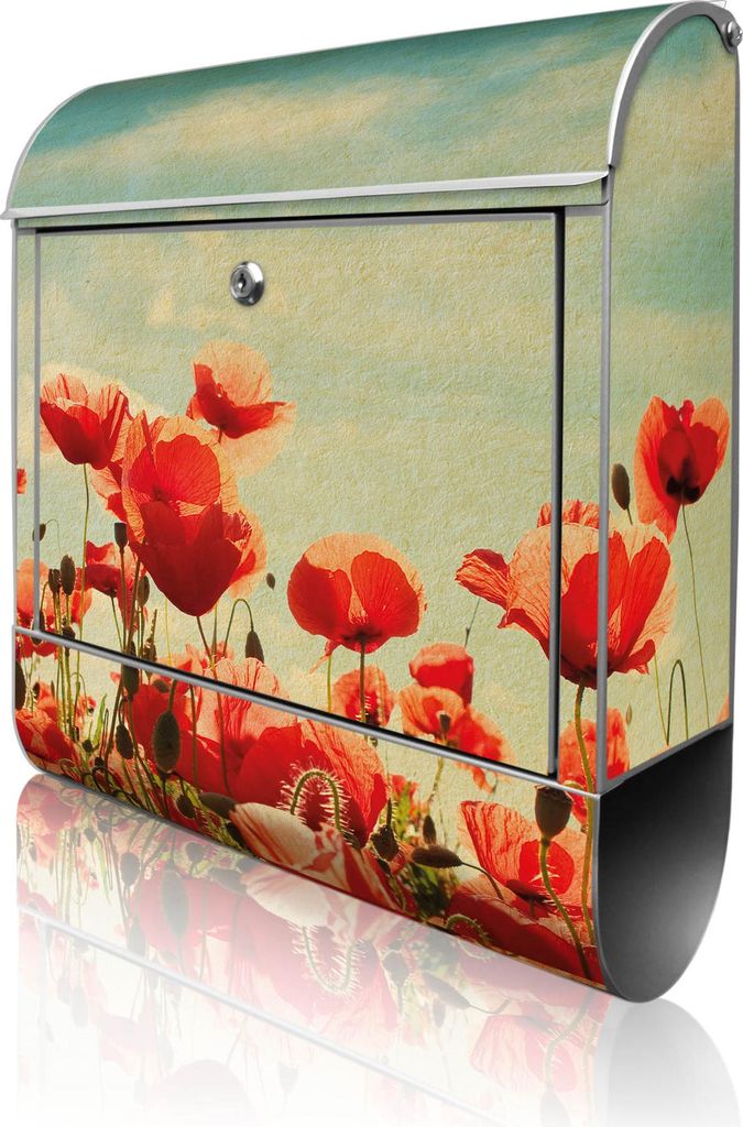 banjado Design Briefkasten Stahl silber mit Zeitungsfach pulverbeschichtet "Oktobermohn" 38x46x12,5cm & 2 Schlüssel - Postkasten A4 Einwurf inkl. ...