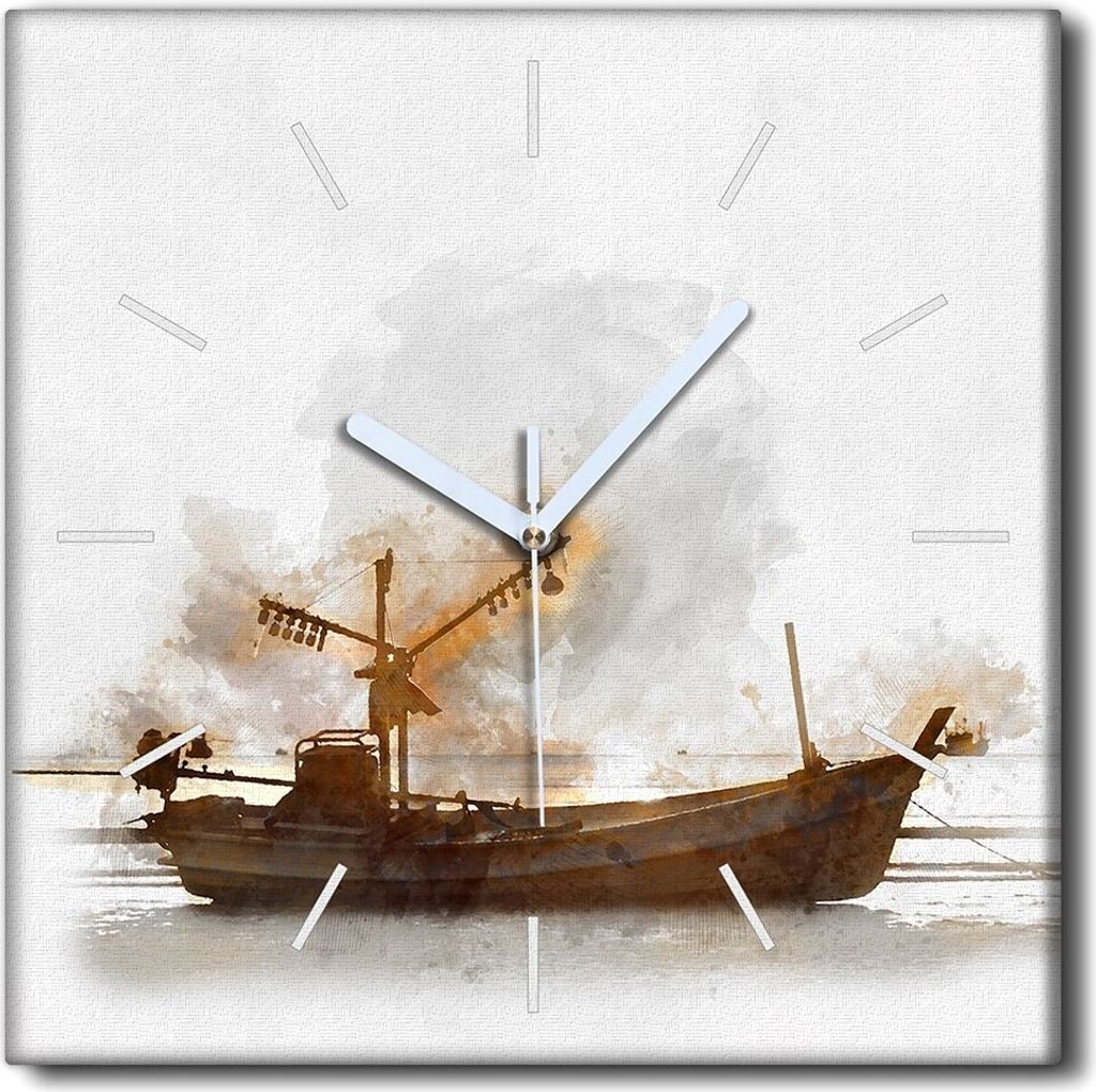 Coloray Uhr auf Leinwand 30x30 cm Wand Uhr Dekoration Wohnzimmer Segeltuch weiße Zeiger -Bootsschiffboot.