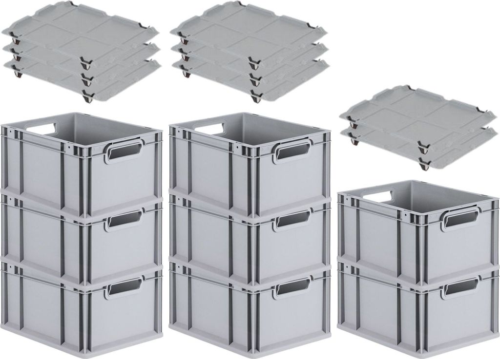 SuperSparSet 8x Eurobox NextGen Grip mit Auflagedeckel inkl. 4 schwarzen Schiebeschnappverschlüssen | HxBxT 22x30x40cm | 20 Liter | Griffe offen |...