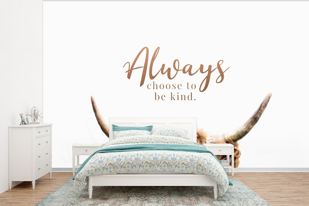 MuchoWow Fototapete für Wohnzimmer oder Schlafzimmer Wandtapete Vinyl Motivtapete Schottischer Highlander - Zitate - Tier - 295x220 cm - Wand Ta...