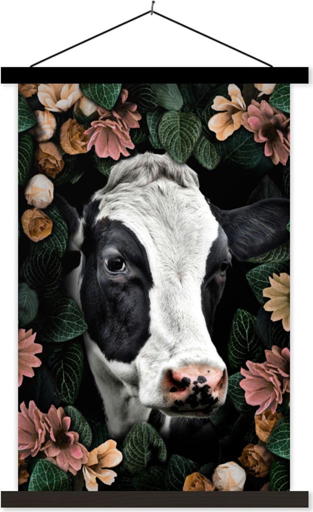 MuchoWow Textilposter Kuh - Blumen - Blätter 60x90 cm mit schwarzem Rahmen - Poster Wohnzimmer