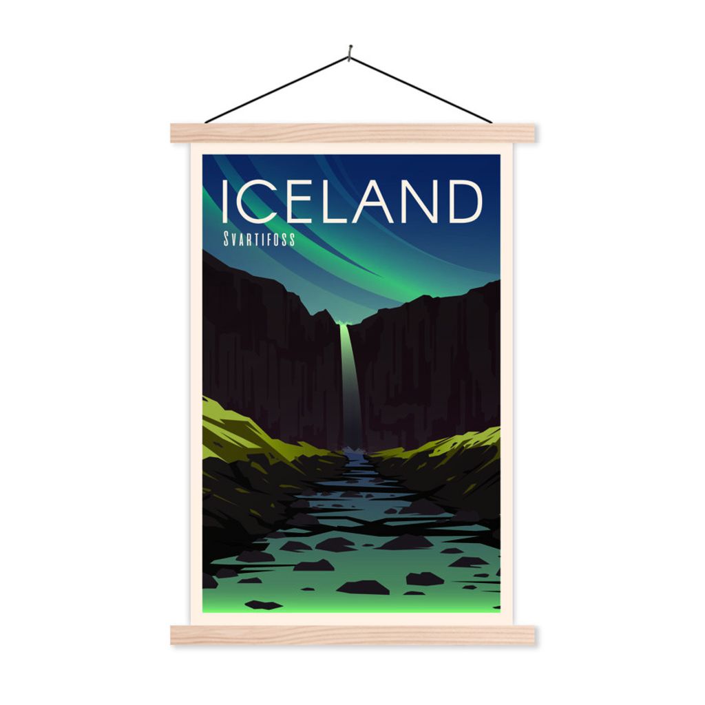 MuchoWow Textilposter Illustration des Wasserfalls Svartifoss in Island 60x90 cm mit holzfarbenen Rahmen - Textil