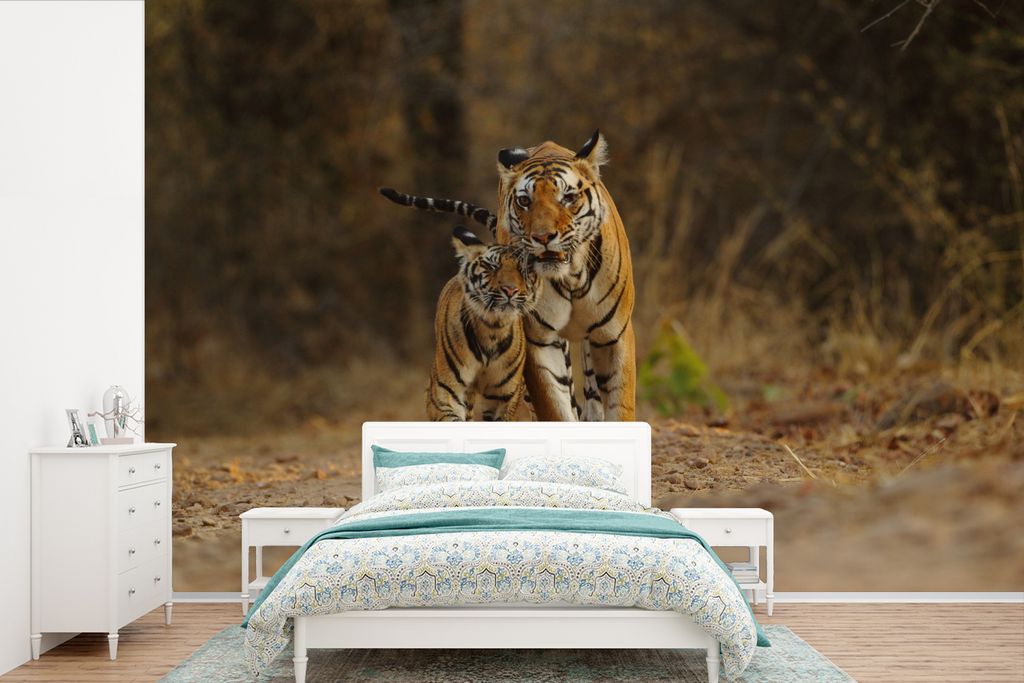 MuchoWow Fototapete für Wohnzimmer oder Schlafzimmer Wandtapete Vinyl Motivtapete Tiger - Jungtier - Sand - 390x260 cm - Papiertapete